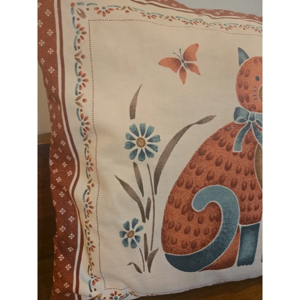 Vintage Kitschy Stencil Cat Pillow Square Ditsy 90s Colors Butterfly